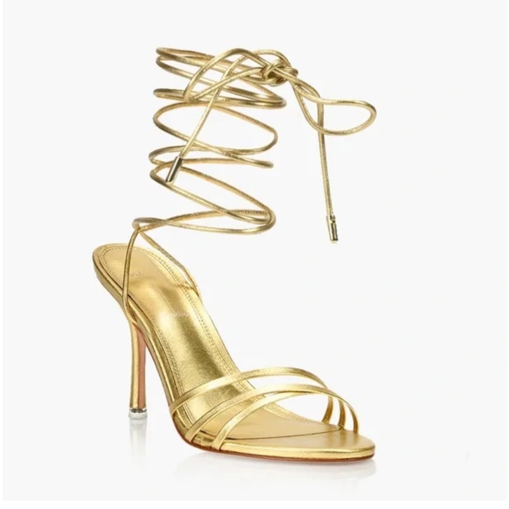 Black Suede Studio Leandra Gold Metallic Ankle Wrap Heeled Sandal Size 6